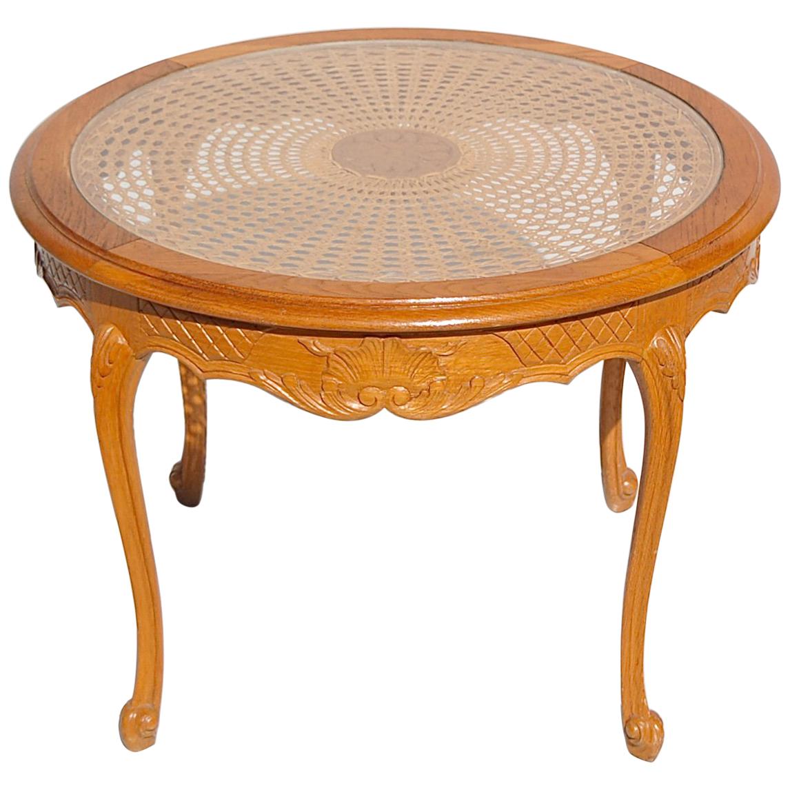 Circular Coffee Table with Cane and Glass Top, 1950s, France For Sale