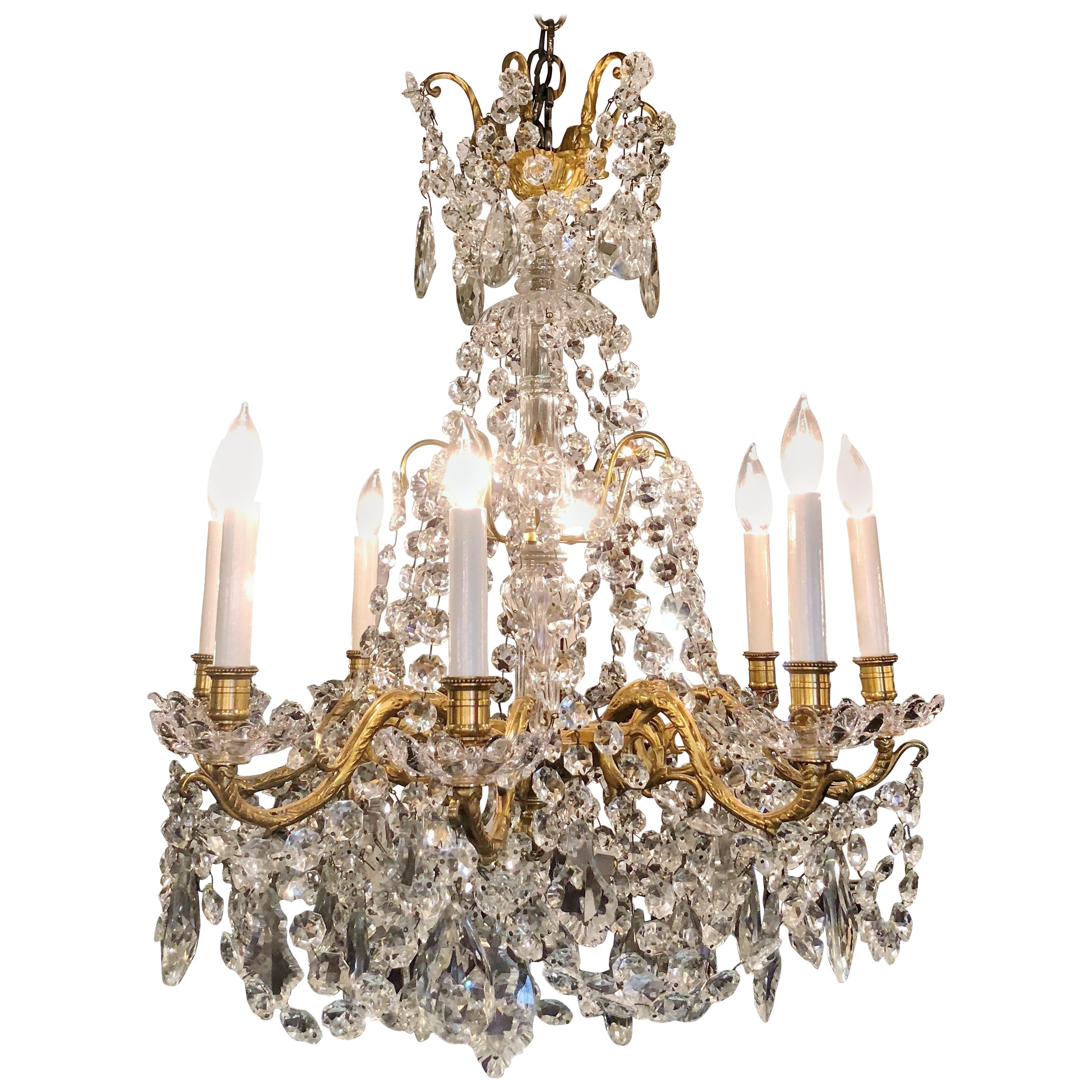 Estate French Bronze Doré and Crystal 8-Light Chandelier, circa 1940-1950