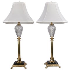 2 lampes de table irlandaises Waterford Marlow Regency en cristal taillé:: doré et marbre