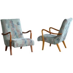 Pair of Swedish Midcentury Lounge Chairs with Open Elmwood Armrests