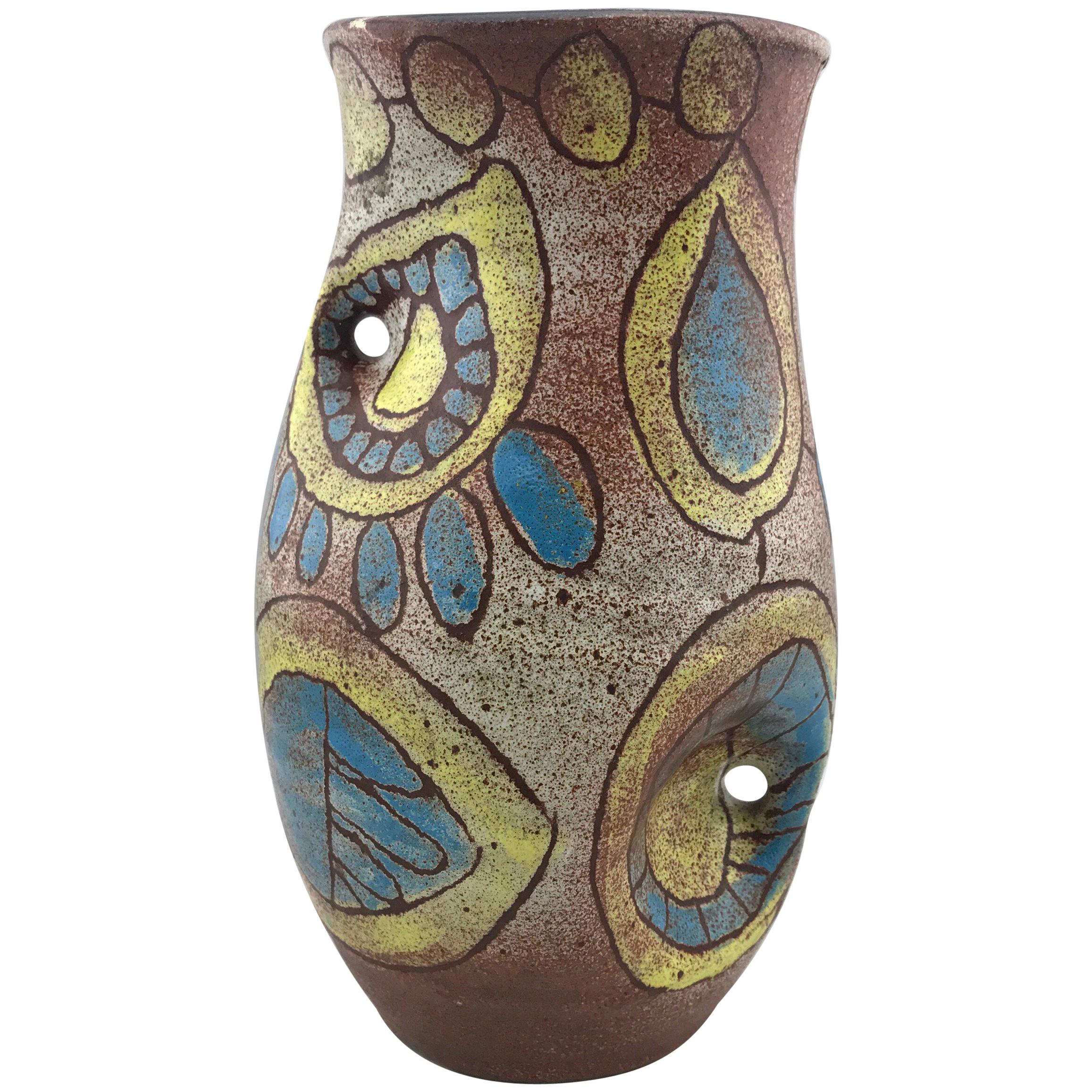 Mid-Century Modern French Vase by Accolay, Vintage Blue & Yellow Modernist Owl