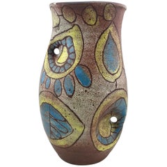 Mid-Century Modern French Vase by Accolay, Vintage Blue & Yellow Modernist Owl