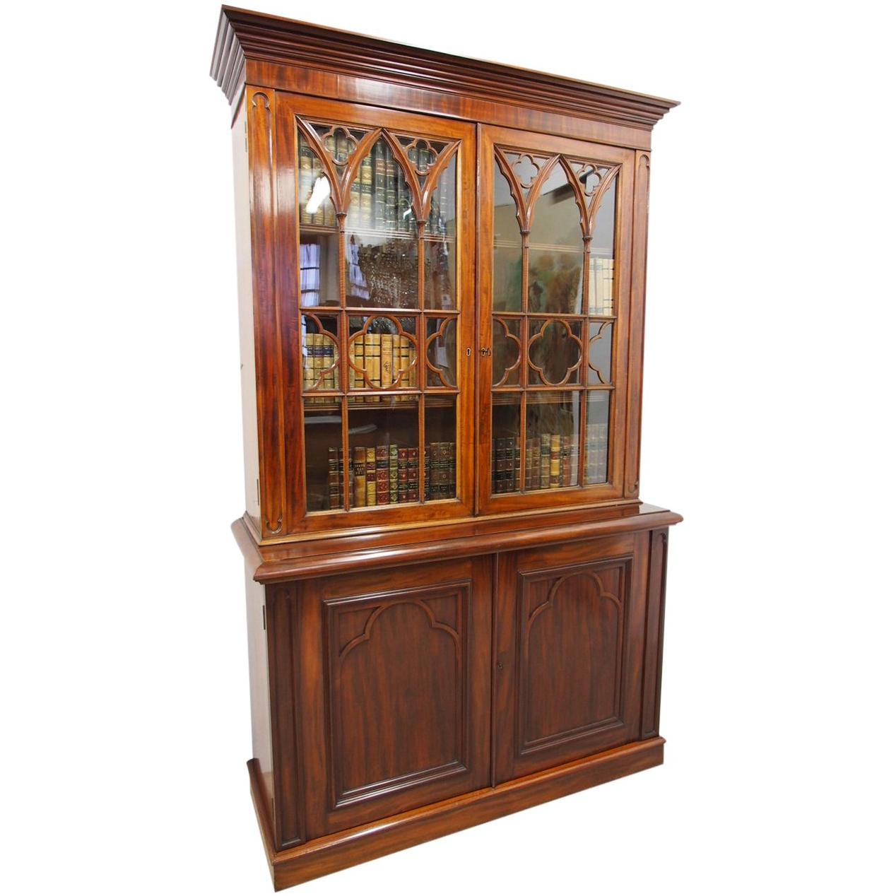 Gothic Style Mahogany Cabinet Bookcase For Sale