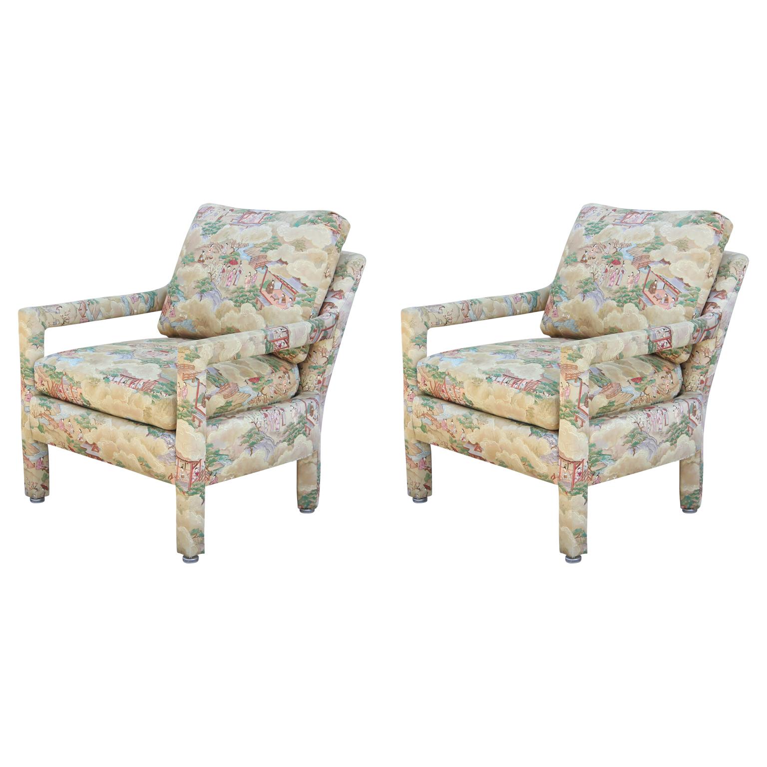 Set of Two Modern Barrel Back Lounge Chairs with Chinoiserie Landscape Fabric