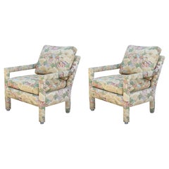 Set of Two Modern Barrel Back Lounge Chairs with Chinoiserie Landscape Fabric