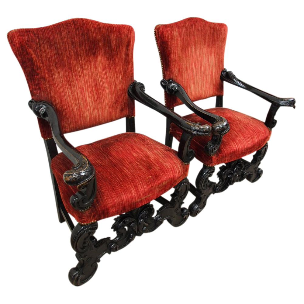 Pair of Italian 19th Century Ebonised Armchairs For Sale