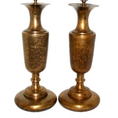 Antique Pair of Etched Brass Table Lamps