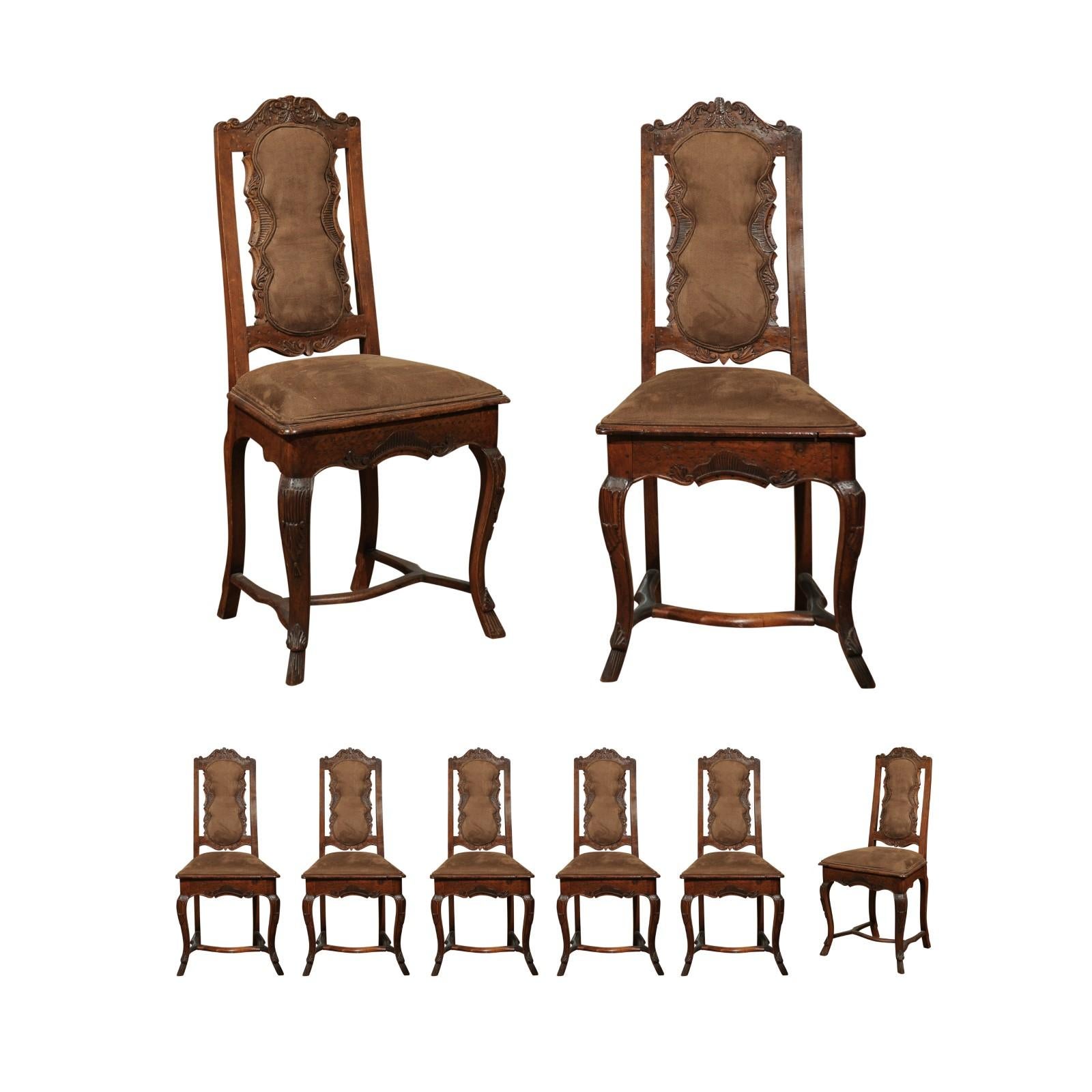 Italian 18th Century Roman Rococo Dining Room Side Chairs with Suede Upholstery