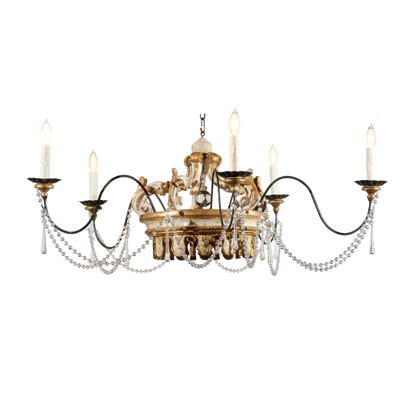 Rococo Style Five-Light Crystal Parcel-Gilt Crown Chandelier with Swoop Arms