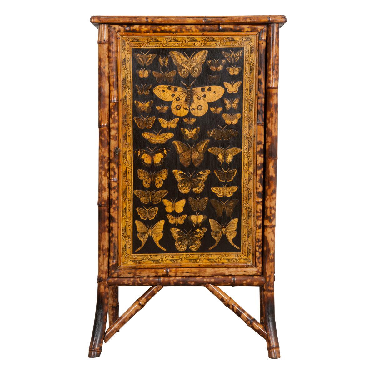 English 19th Century Découpage Moth Bamboo Cabinet