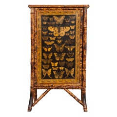 Antique English 19th Century Découpage Moth Bamboo Cabinet