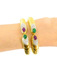 David Webb Pair of Gold Bracelets Platinum Diamond Gemstone Cabochons