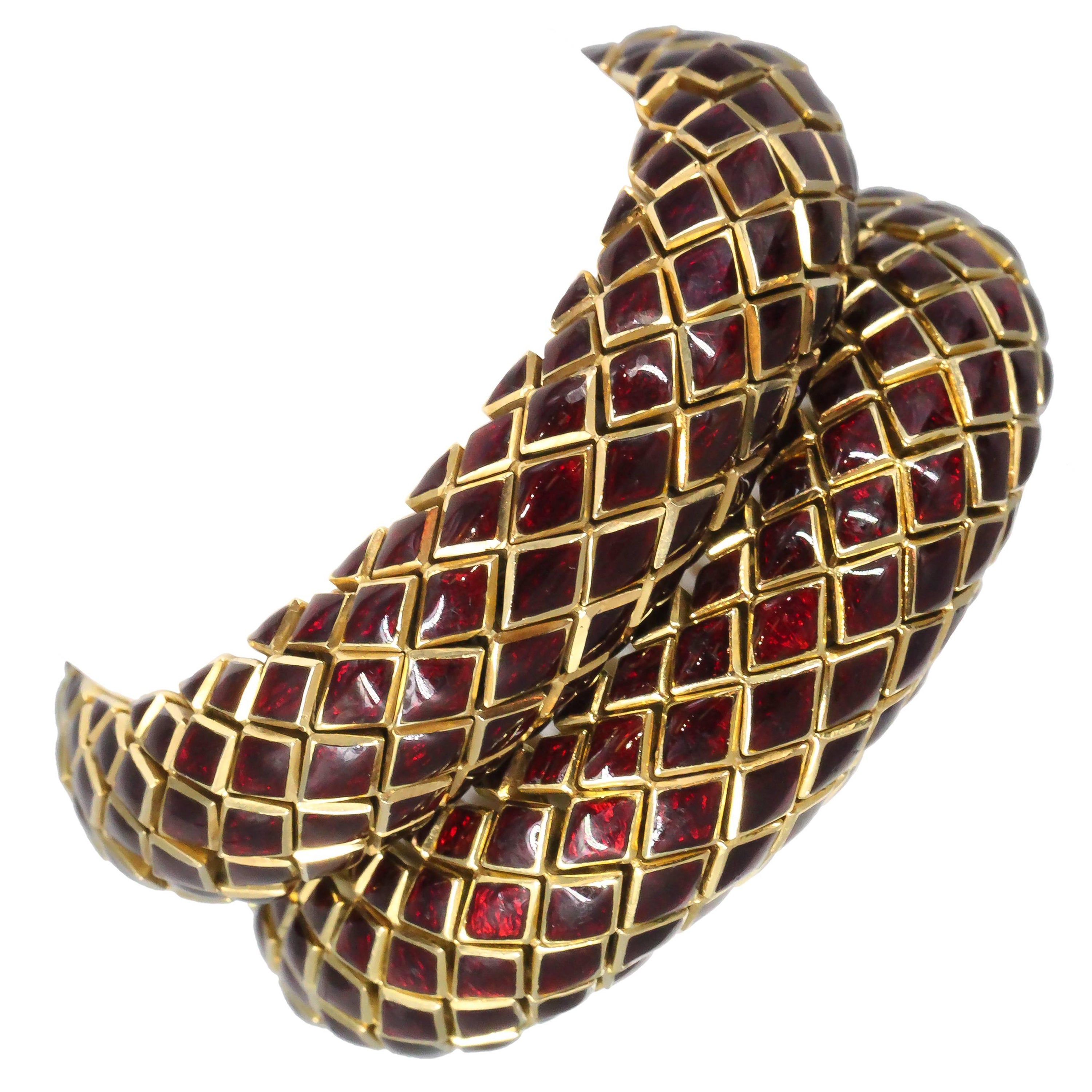 David Webb Pair of Red Enamel 18k Gold Snake Link Bracelets