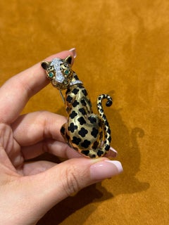 David Webb Panther Brooch in Yellow Gold with Enamel, Diamonds and Emeralds