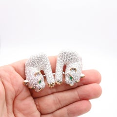 DAVID WEBB Panther Clips-On Earrings In Platinum With Diamonds & Emeralds