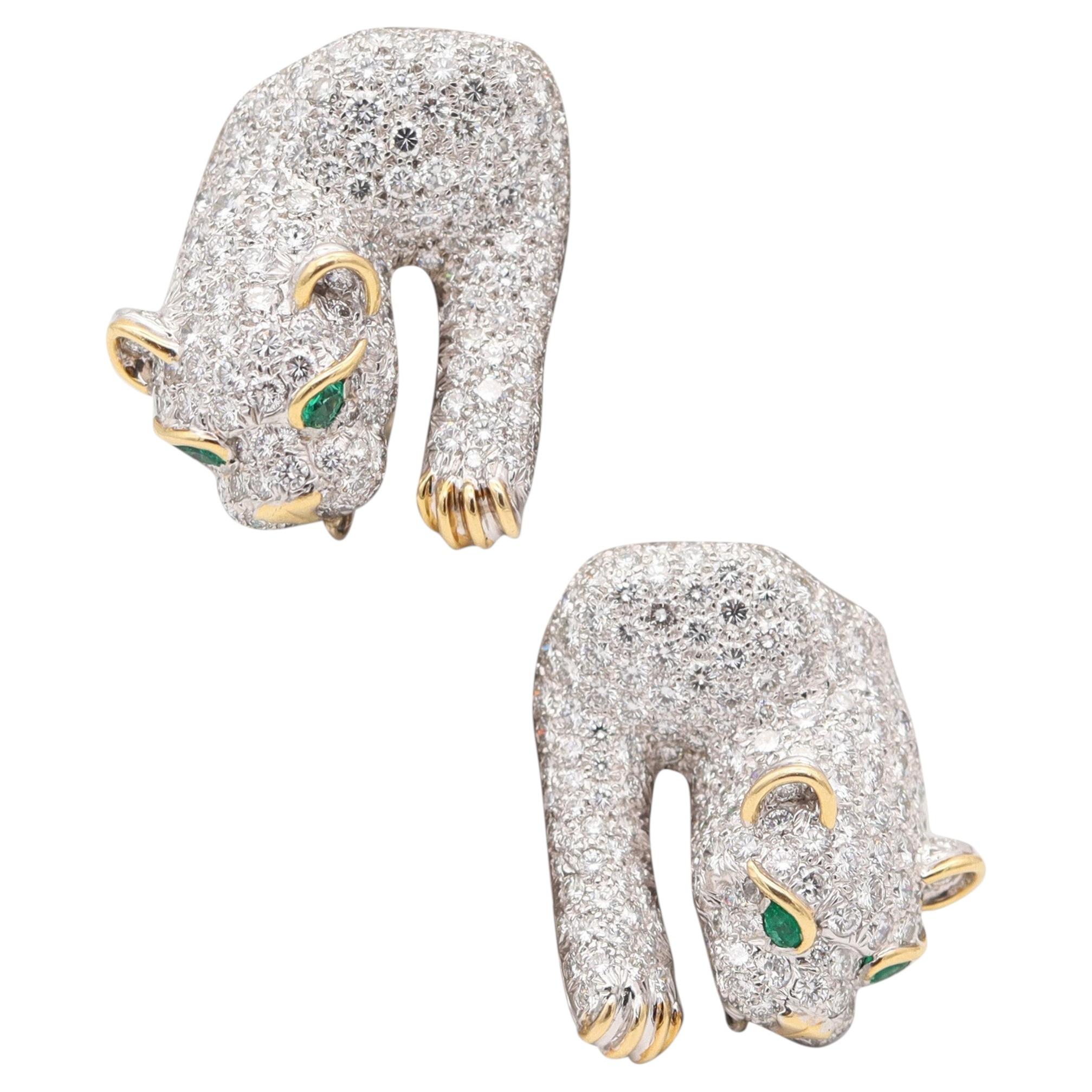 Pre-owned David Webb Panther Clips-on Earrings In Platinum With Diamonds & Emeralds In Multi