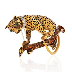 David Webb Panther Platinum and 18 Karat Gold Brown and Black Enamel Brooch