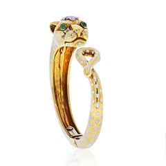 David Webb Panthere 18K Yellow Gold White Enamel Diamond Bangle Bracelet