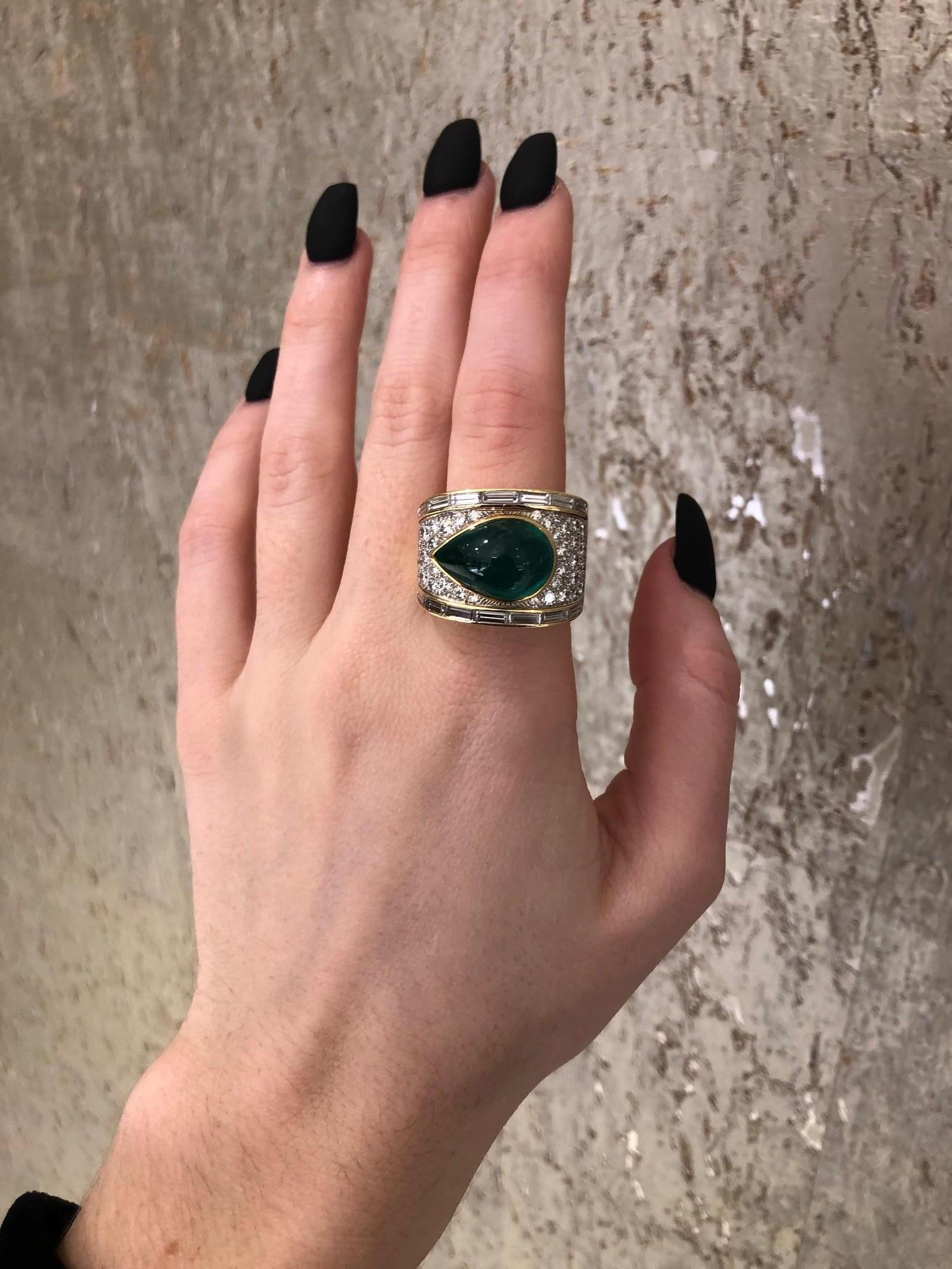 David Webb Pear Cabochon Emerald with Diamonds 18 Karat Gold and Platinum Ring For Sale 11