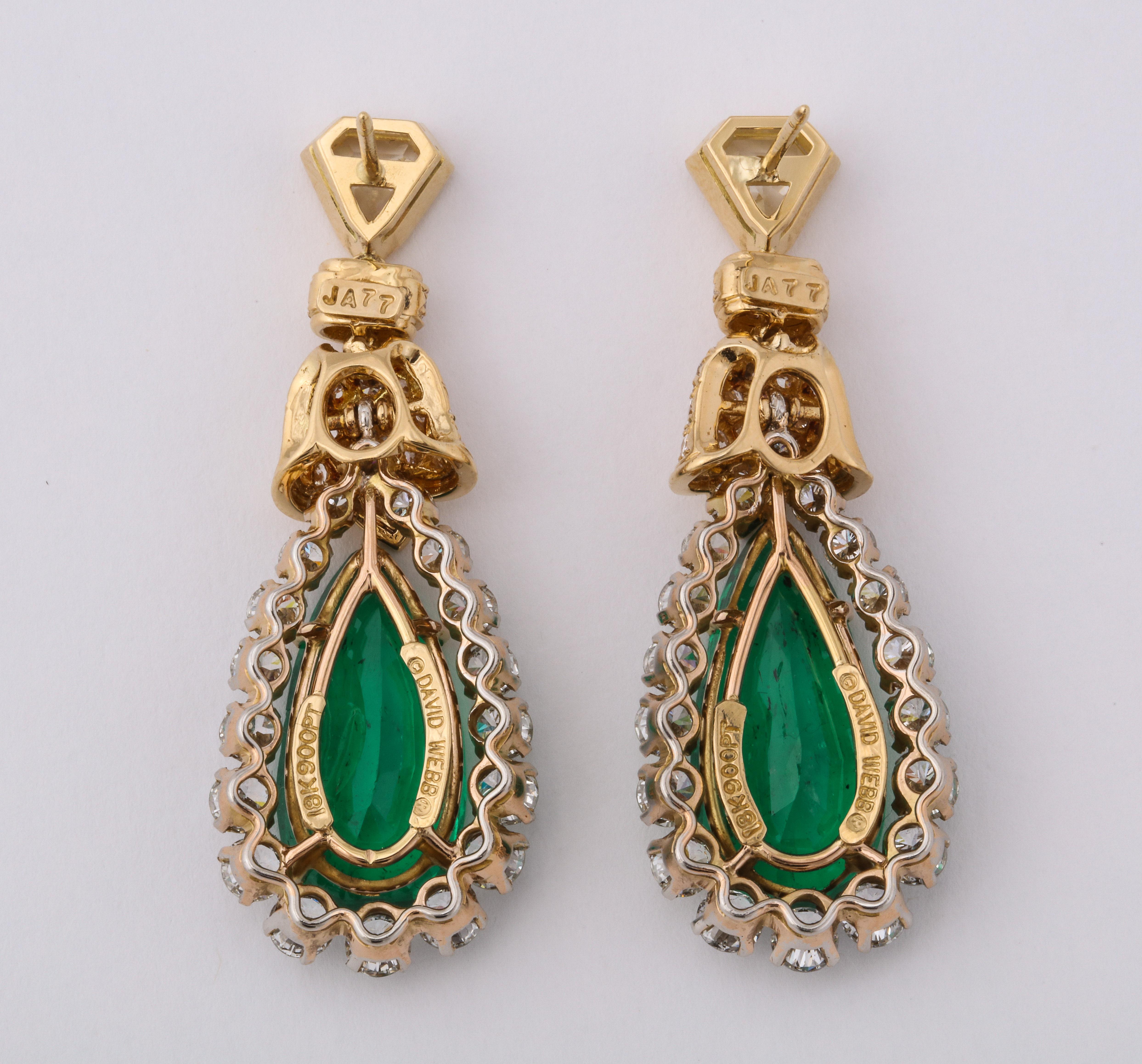 Emerald Cut David Webb Pear Shaped Emerald Diamond Gold Earrings