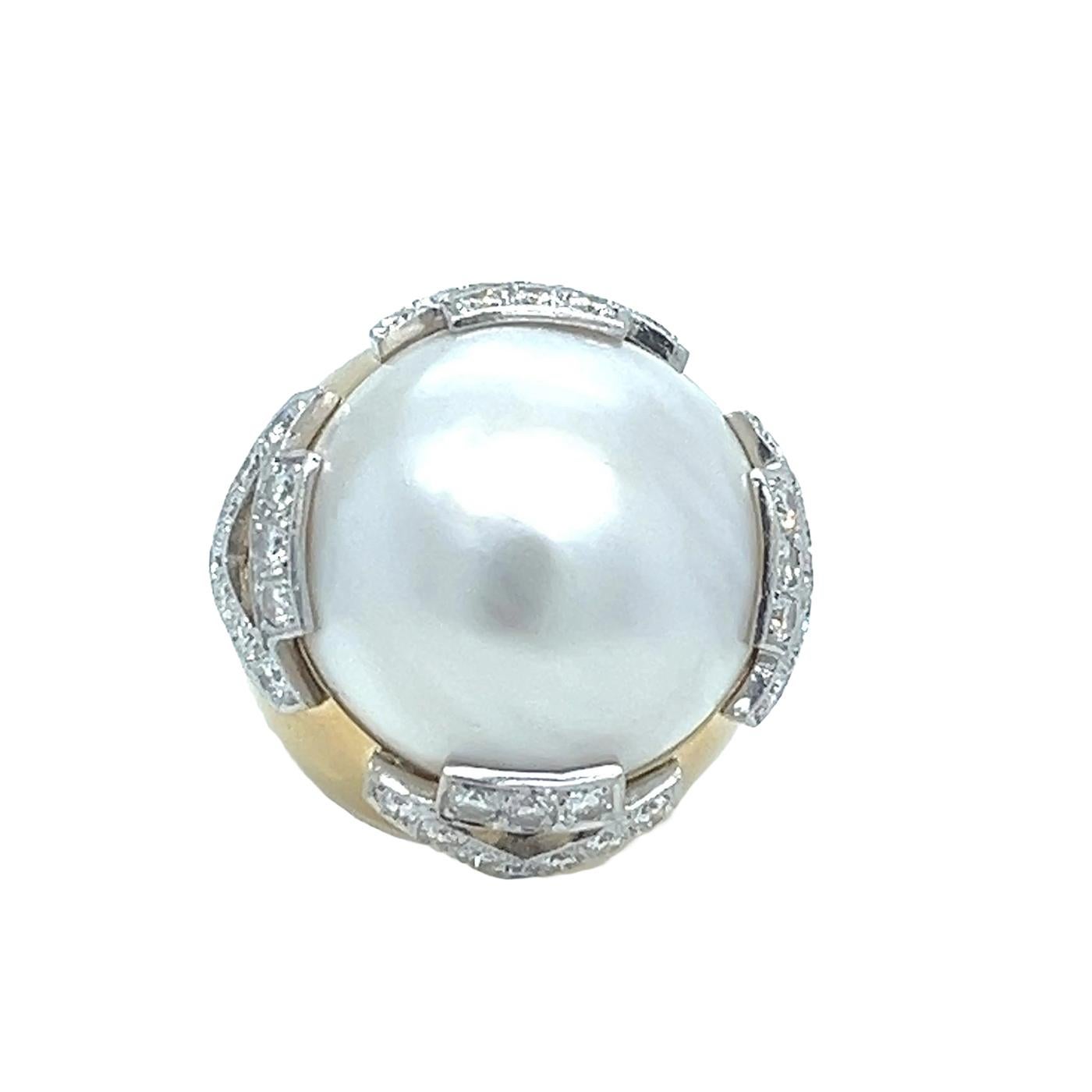 David Webb Pearl 3.10ct Round Cut Diamond Pave 18K Gold & Platinum Vintage Ring For Sale 6