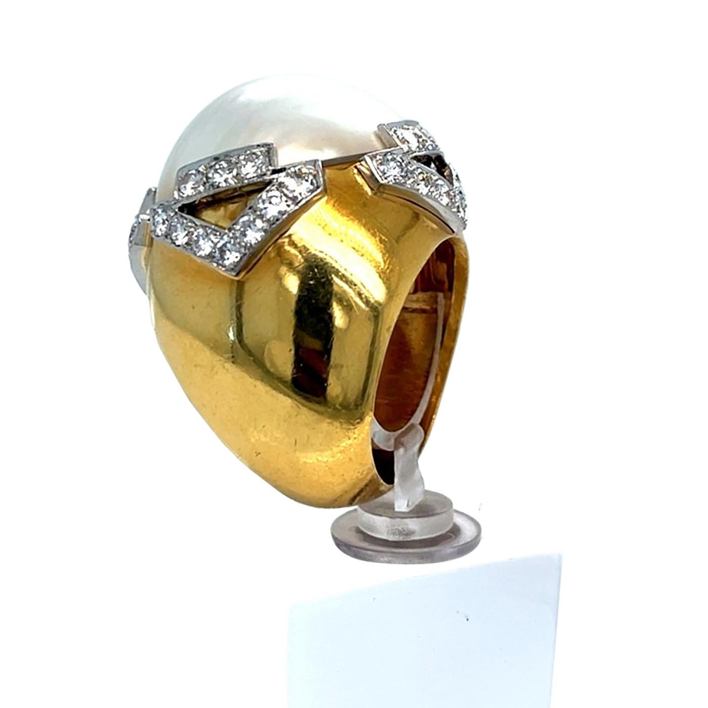 David Webb Pearl 3.10ct Round Cut Diamond Pave 18K Gold & Platinum Vintage Ring For Sale 7