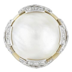 David Webb Pearl 3.10ct Round Cut Diamond Pave 18K Gold & Platinum Vintage Ring