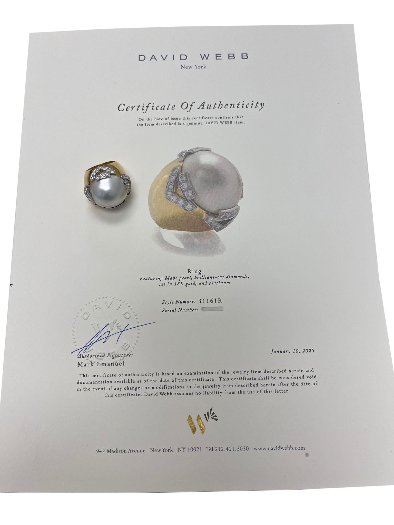 David Webb Pearl 3.10ct Round Cut Diamond Pave 18K Gold & Platinum Vintage Ring For Sale 15