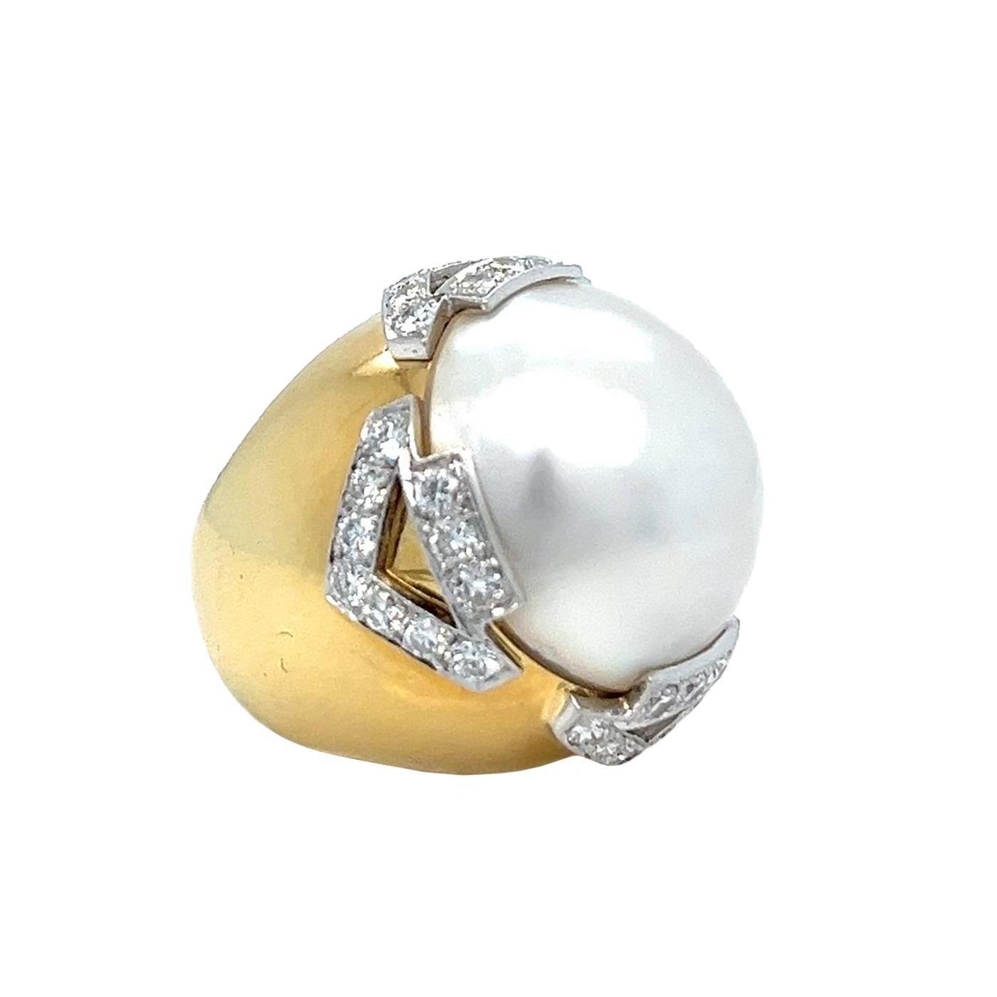 David Webb Pearl 3.10ct Round Cut Diamond Pave 18K Gold & Platinum Vintage Ring For Sale 4