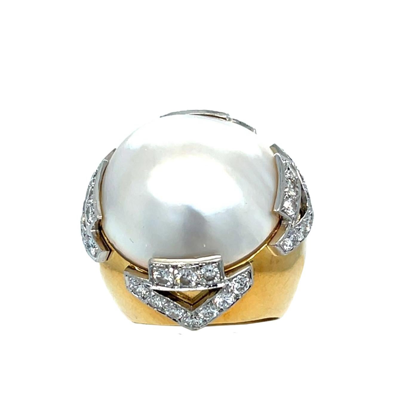 David Webb Pearl 3.10ct Round Cut Diamond Pave 18K Gold & Platinum Vintage Ring For Sale 5