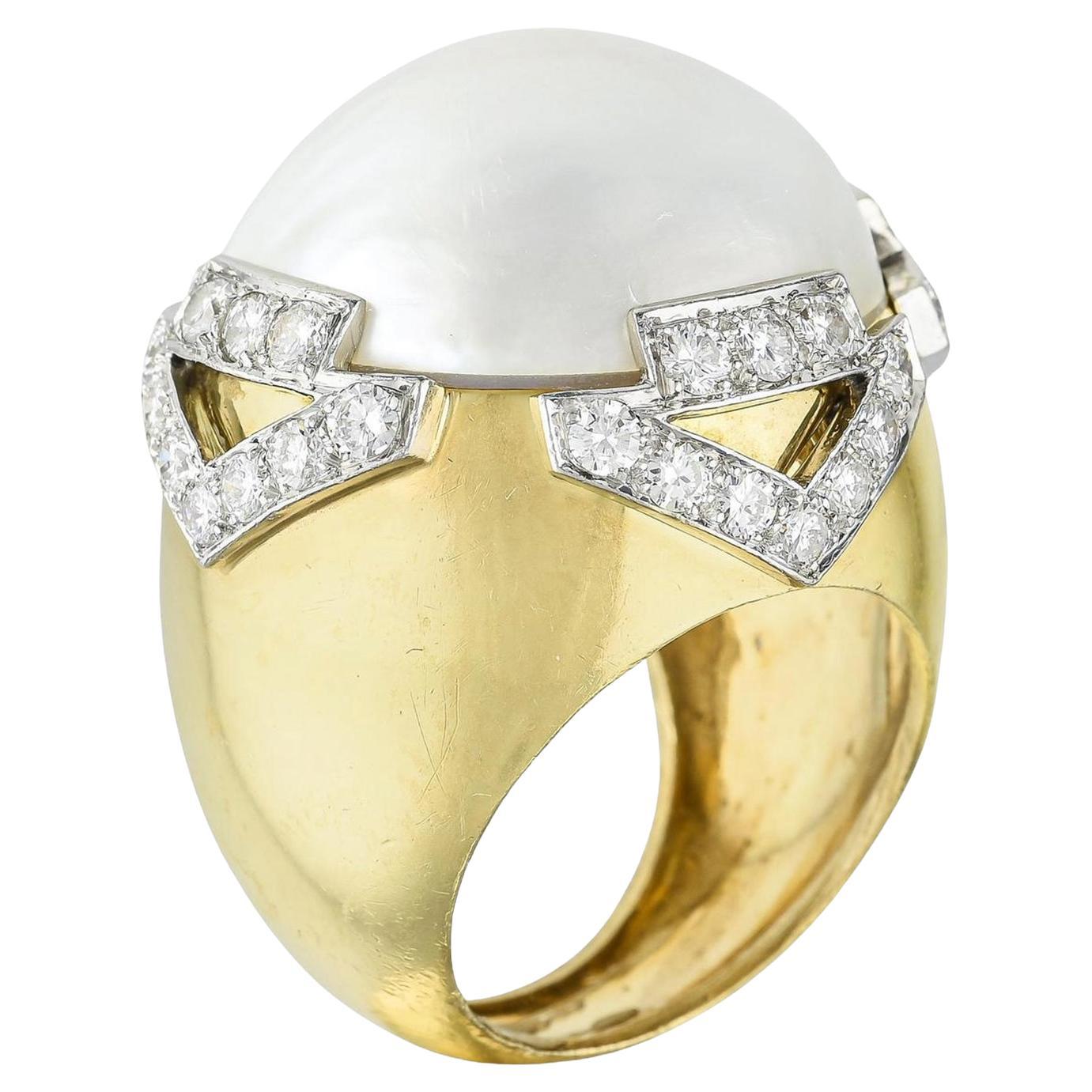 David Webb Pearl 3.10ct Round Cut Diamond Pave 18K Gold & Platinum Vintage Ring For Sale