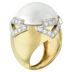 David Webb Pearl 3.10ct Round Cut Diamond Pave 18K Gold & Platinum Vintage Ring