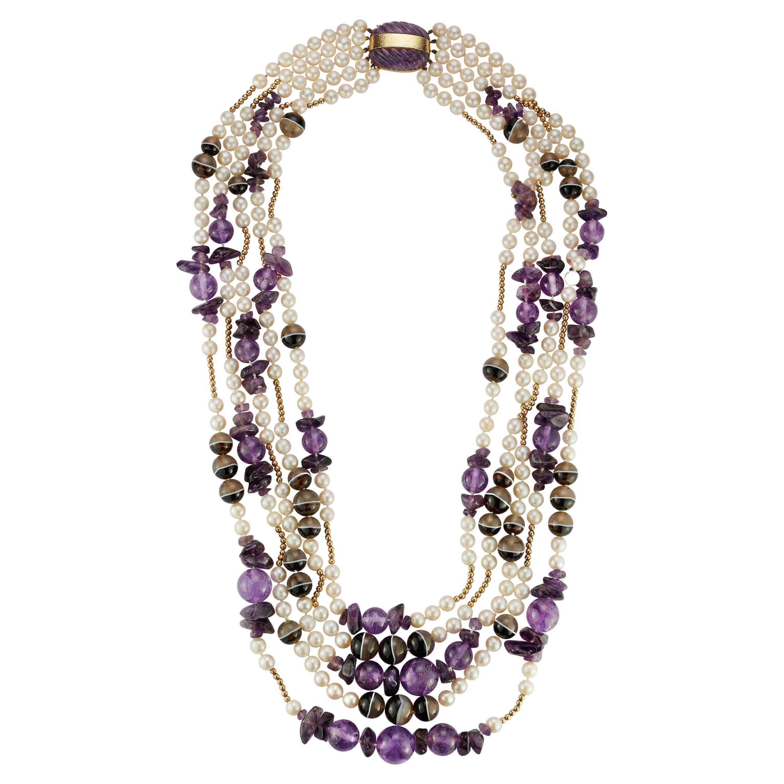 David Webb Perle, Amethyst und Chalzedon Halskette