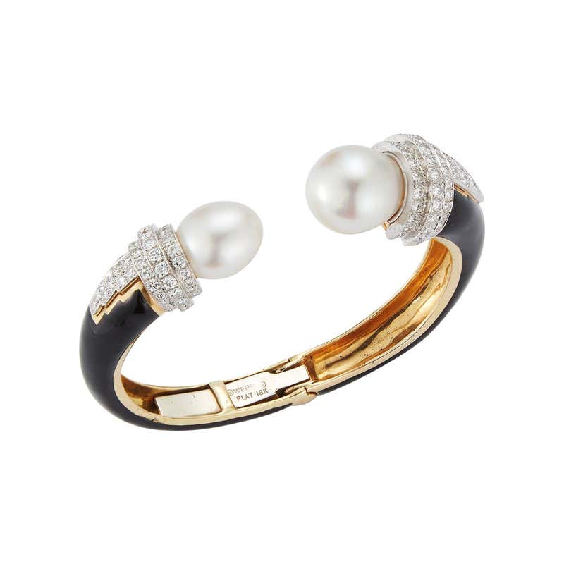 RUSER Freshwater Pearl Flowers and Diamond Leaves Bangle at 1stDibs