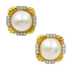 David Webb Pearl and Diamond Ear-clips