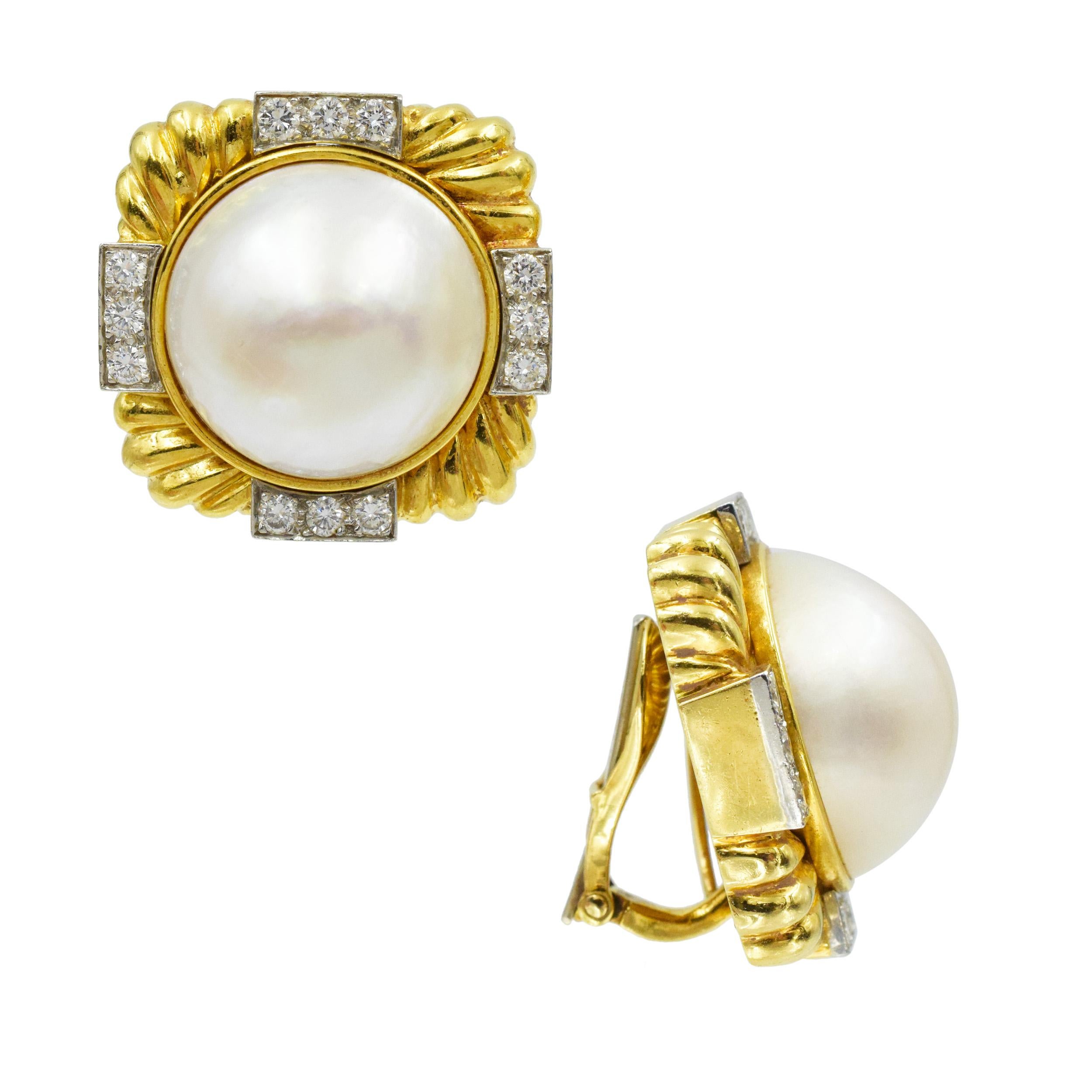 Round Cut David Webb Pearl and Diamond Ear-clips For Sale