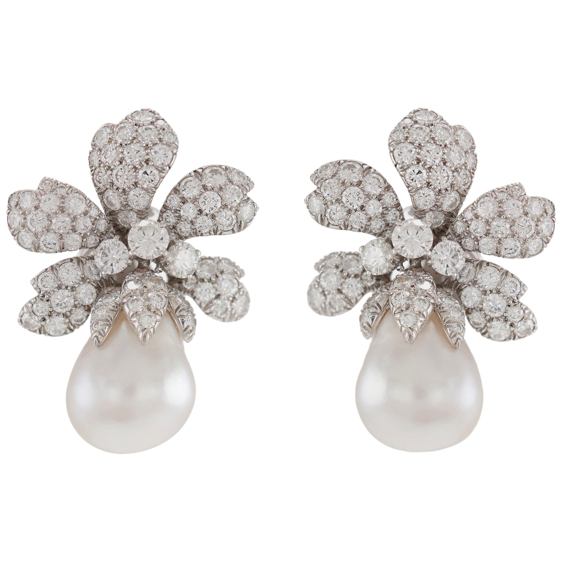 David Webb South Sea Pearl Earrings with Diamonds