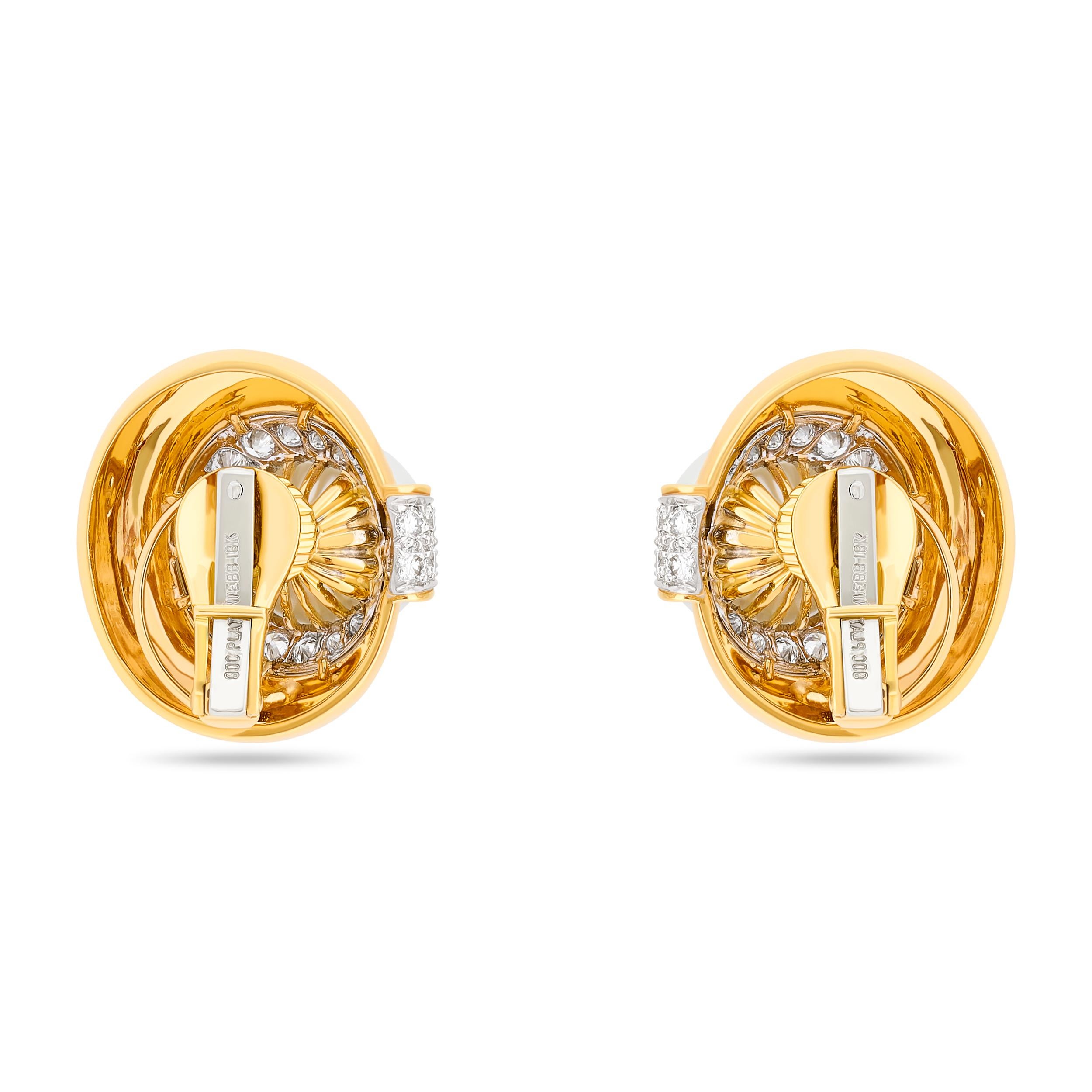 Round Cut David Webb Pearl and Diamond Earrings in 18 Karat Gold and Platinum For Sale