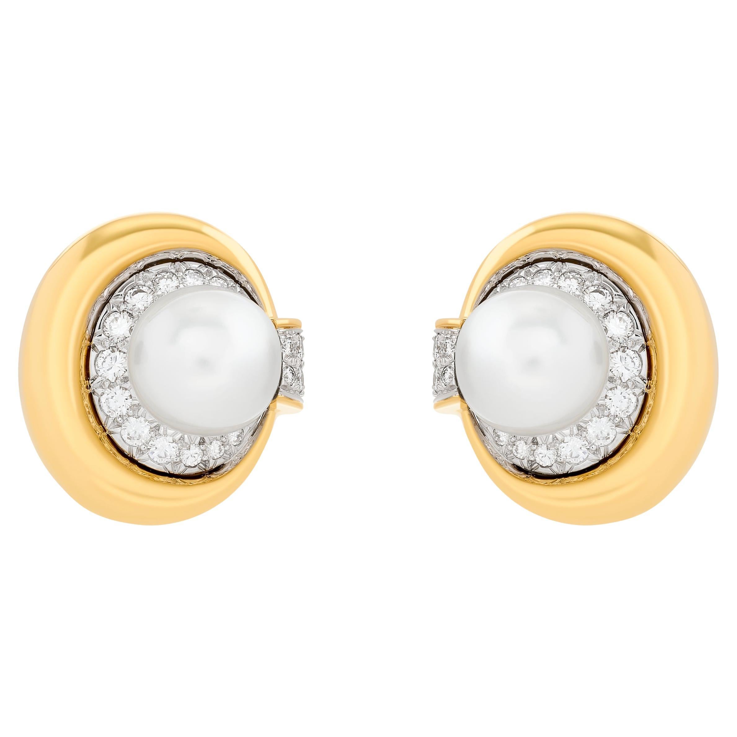 David Webb Pearl and Diamond Earrings in 18 Karat Gold and Platinum For Sale
