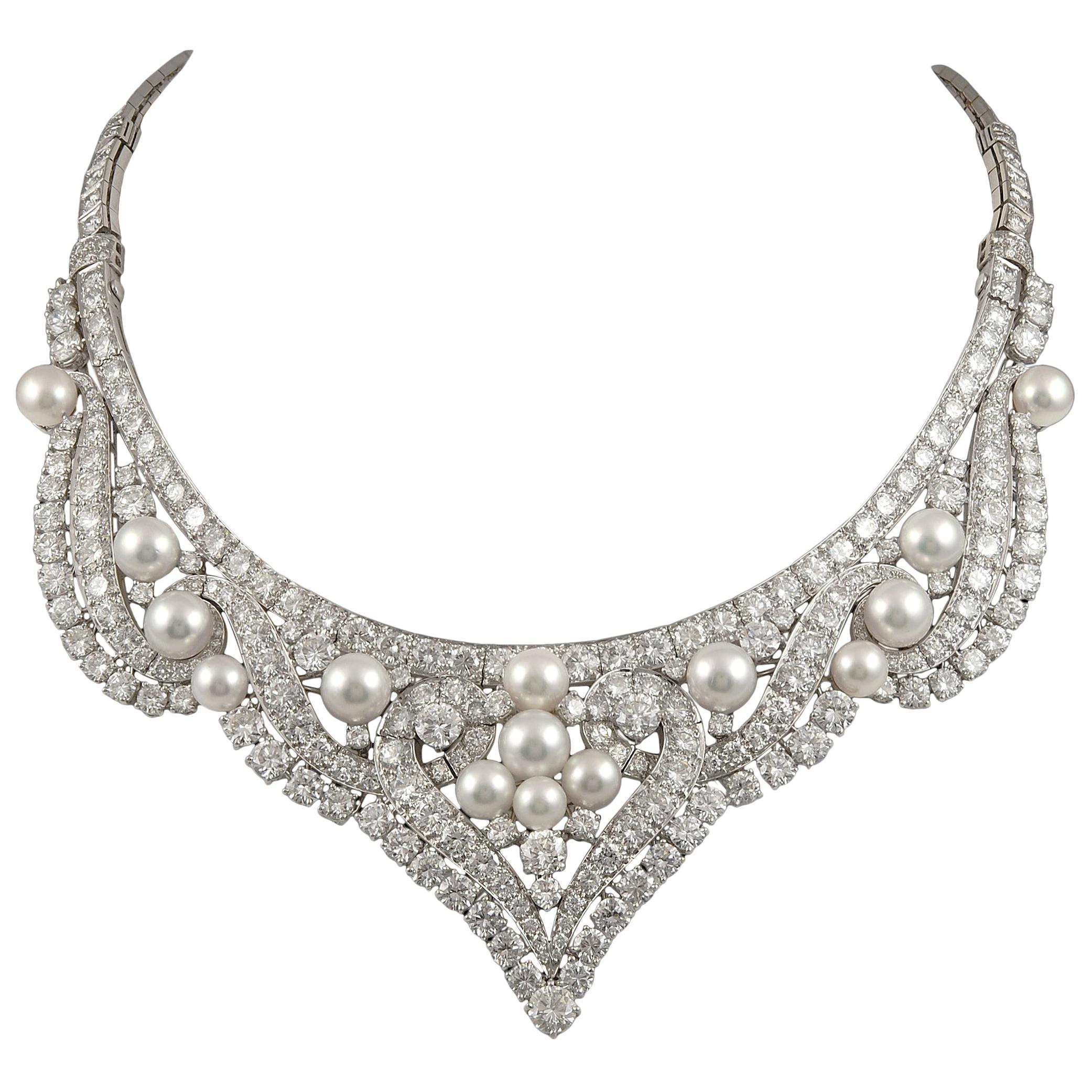 David Webb Diamond Pearl Gold Platinum Necklace / Tiara