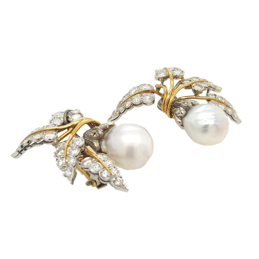 David Webb Pearl and Diamond Palm Clip Earrings In Good Condition In New York, NY