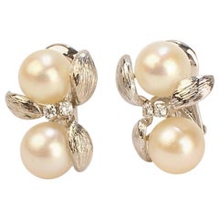 David Webb Pearl, Diamond, and 14 Karat White Gold Clip Earrings