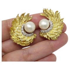 David Webb Pearl Diamond Gold Earrings
