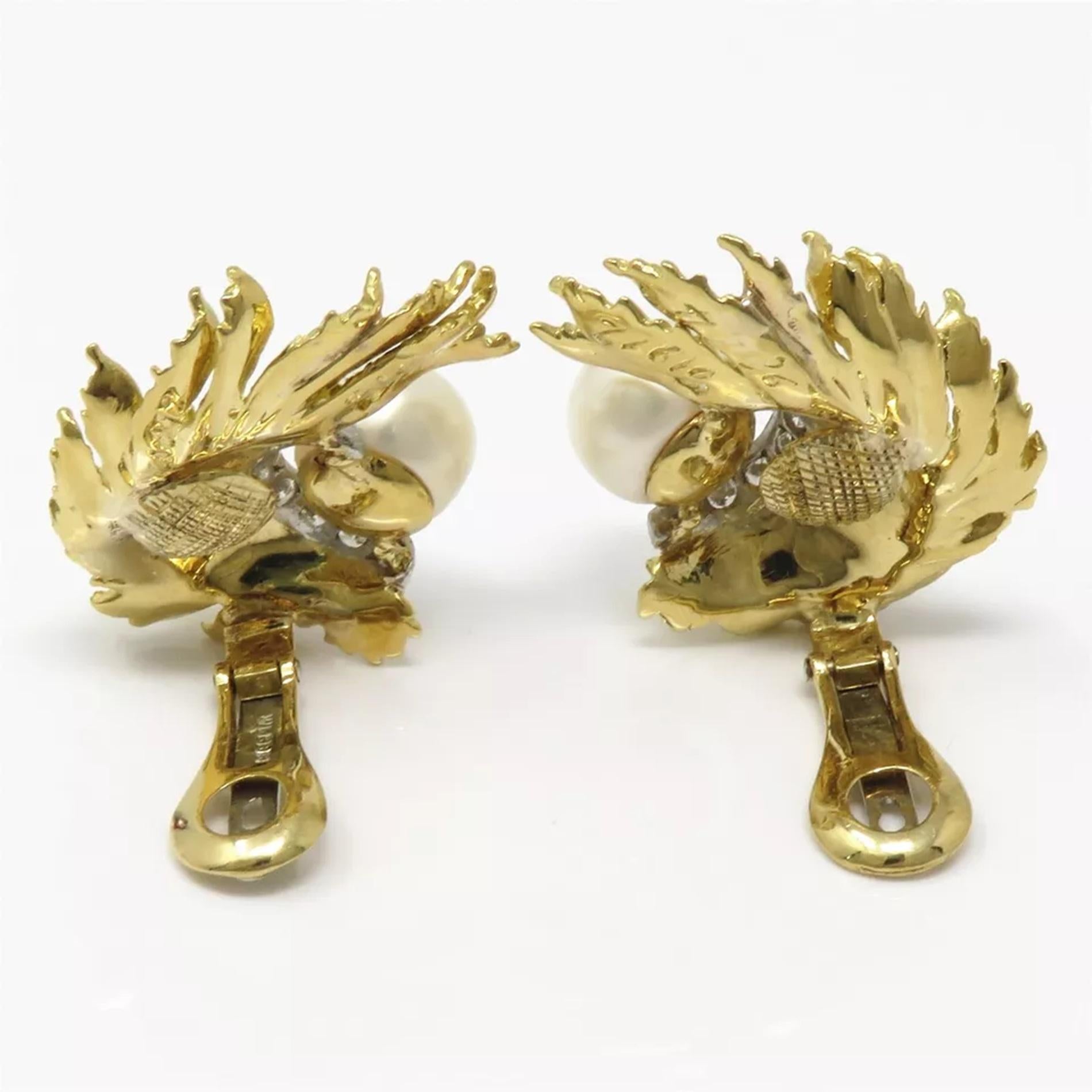 Women's or Men's David Webb Pearl Diamond Gold Earrings For Sale