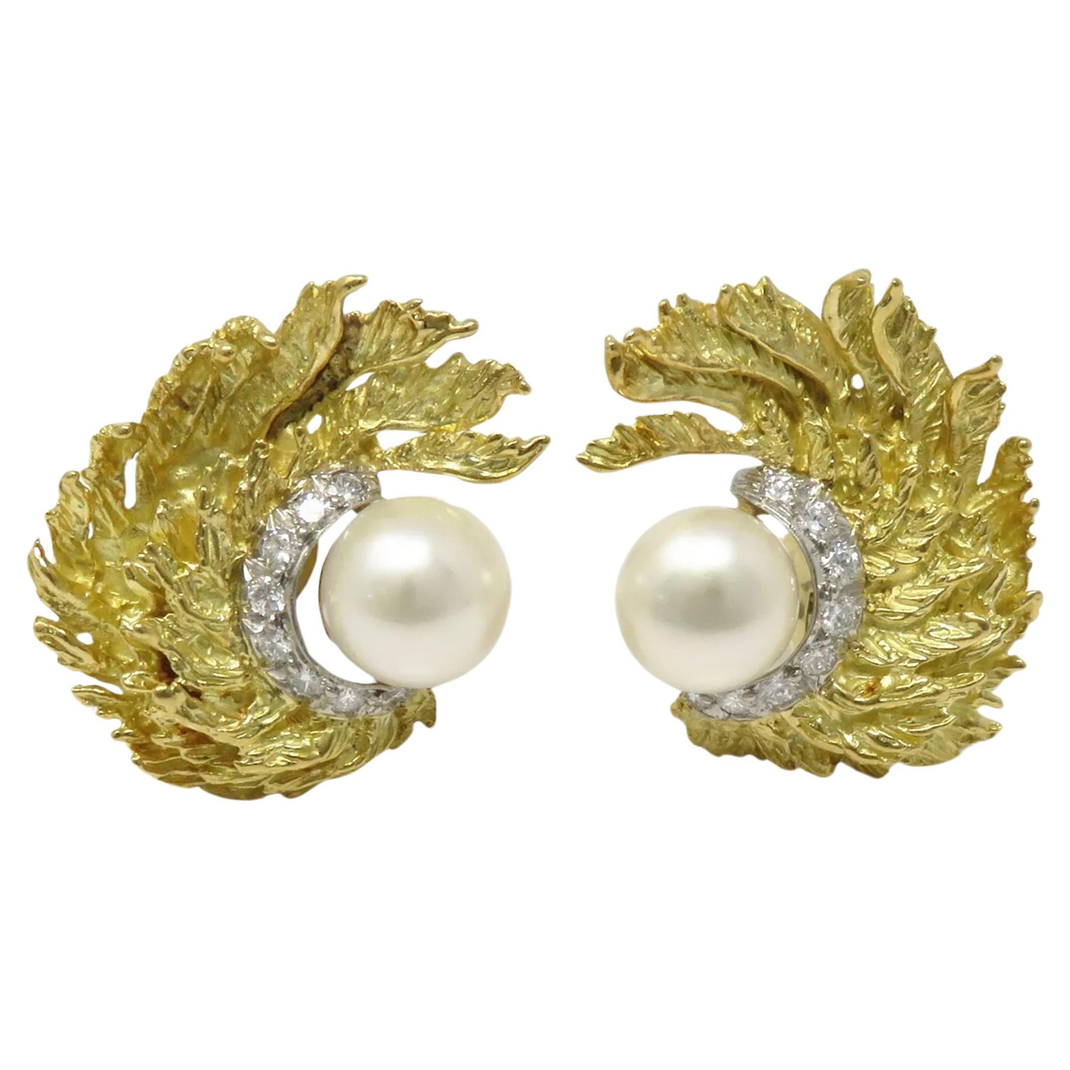 David Webb Pearl Diamond Gold Earrings
