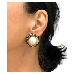 David Webb Pearl Earrings Gold Black Enamel