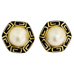 Vintage David Webb Pearl Earrings Gold Black Enamel