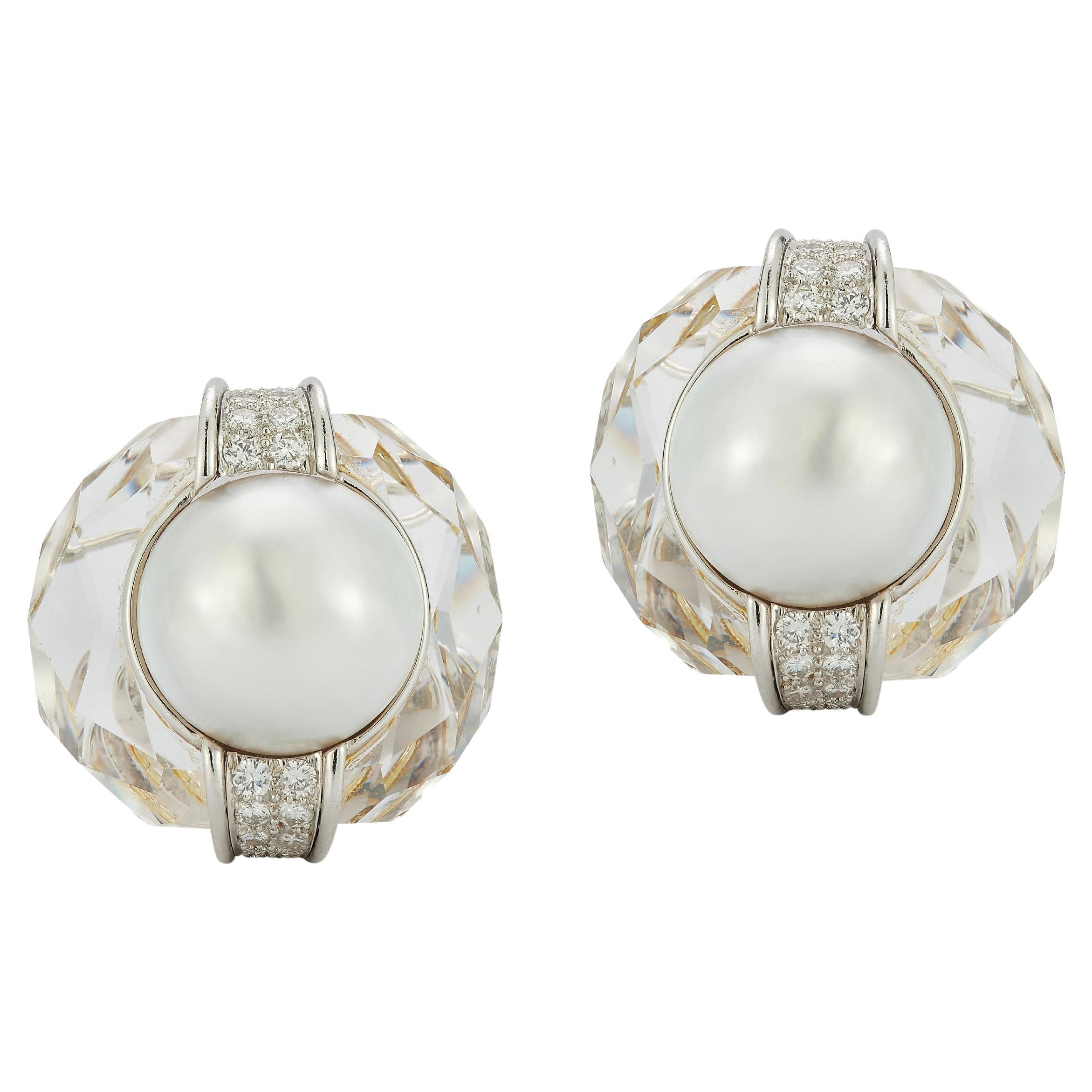 David Webb Pearl & Rock Crystal Earrings For Sale