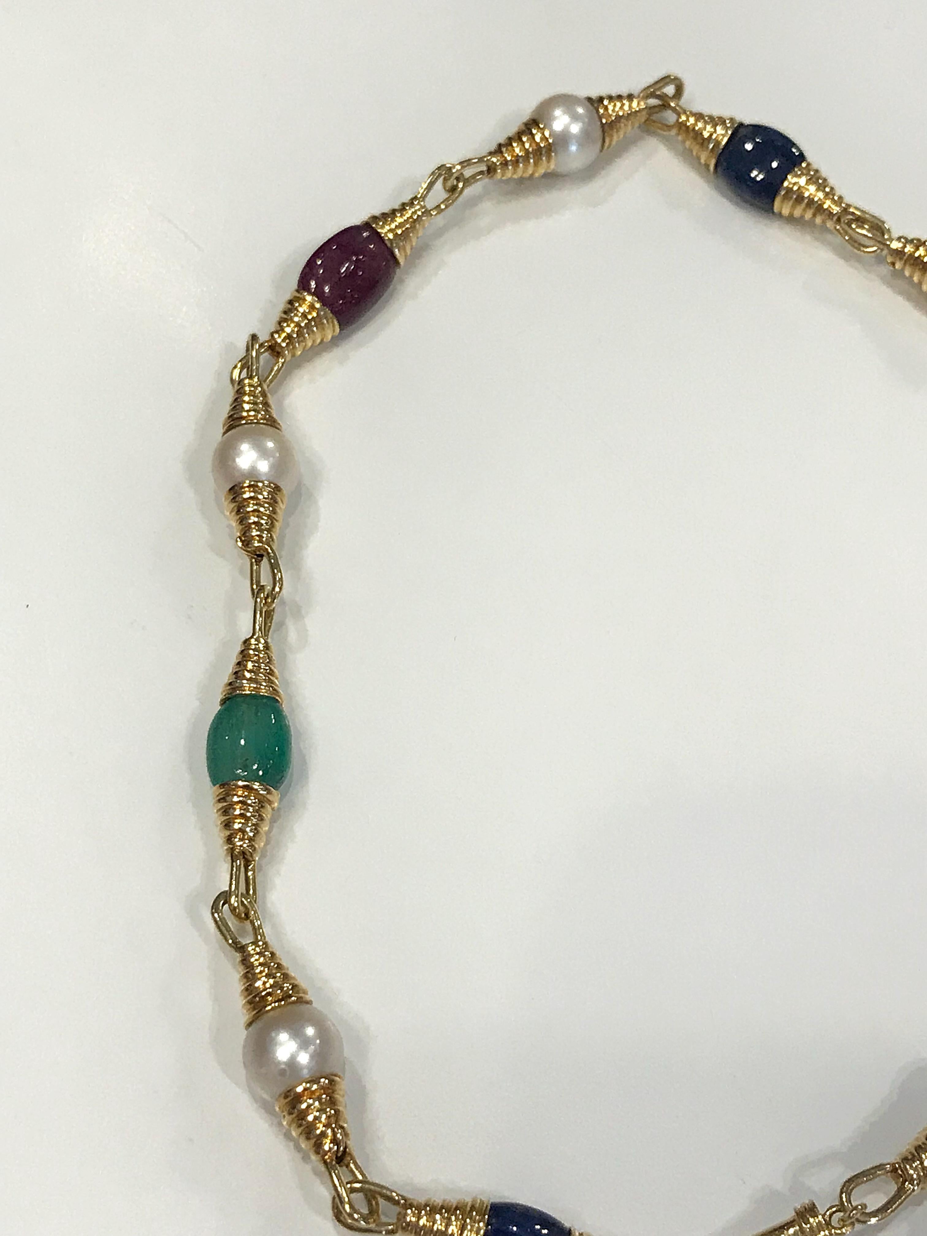 David Webb Pearls, Emerald, Ruby, Sapphires Necklace In Excellent Condition In New York, NY
