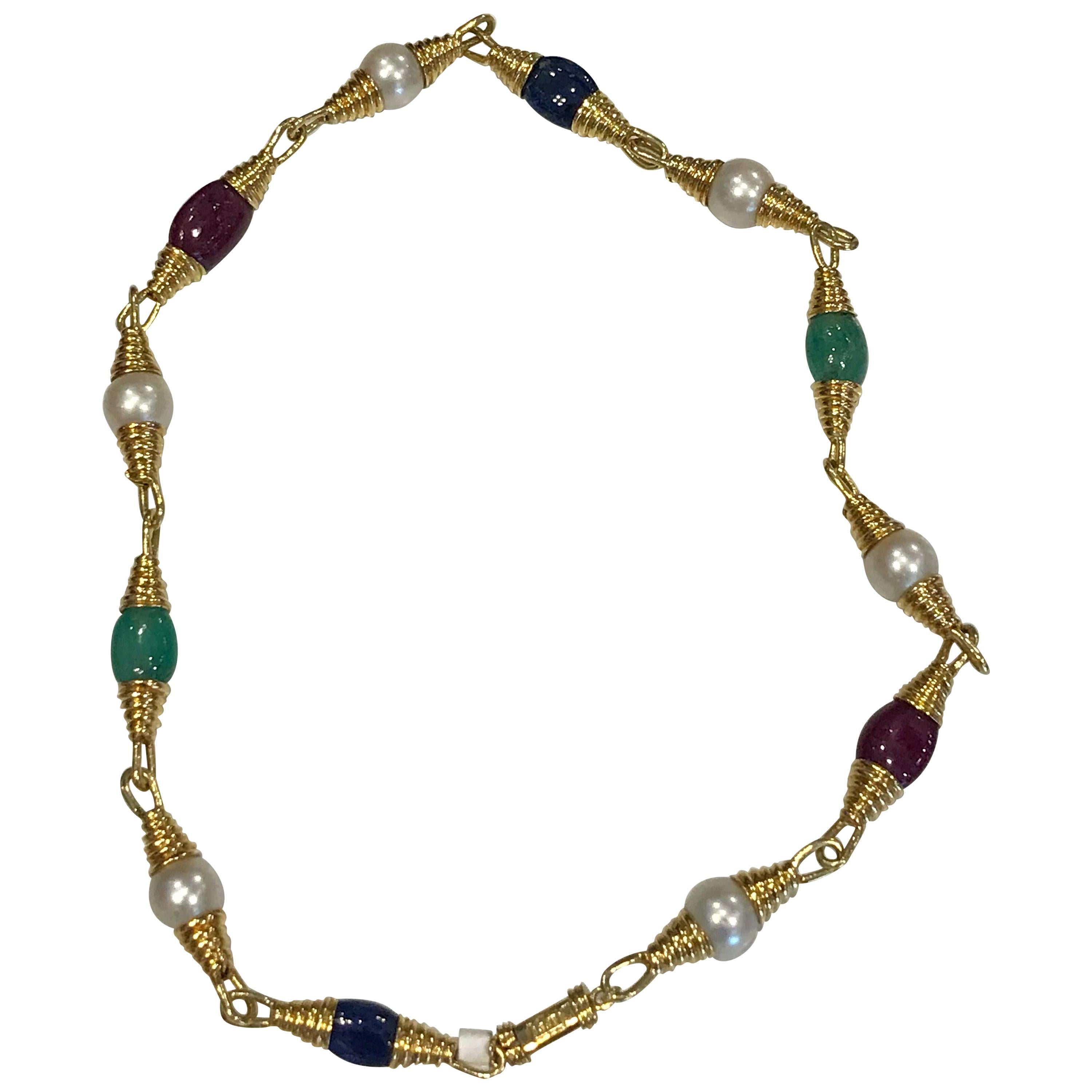David Webb Pearls, Emerald, Ruby, Sapphires Necklace